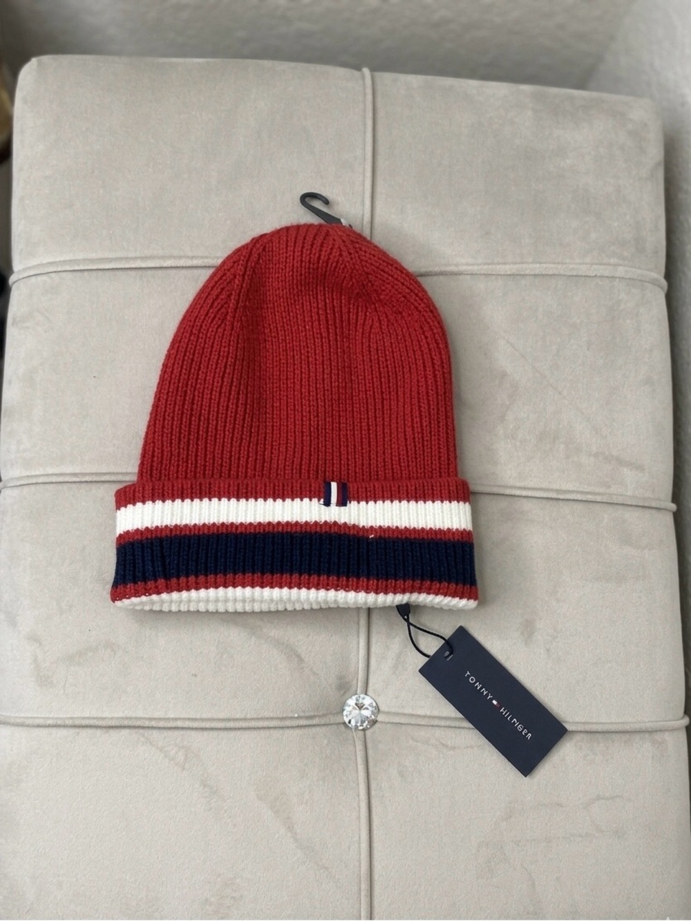 Tommy Hilfiger Red Knit Beanie with Navy & White Stripe Cuff